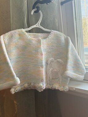 Handmade Knit Baby Cardigan Kitty Pocket Pastel Sweater 6–12 Months
